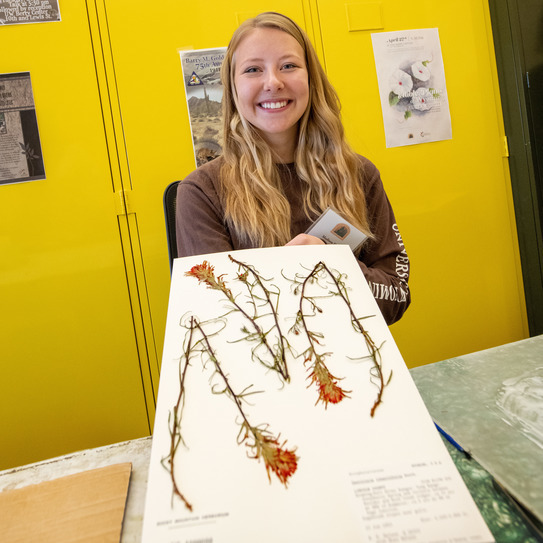 Student holds a white board with dried plant specimens on it.