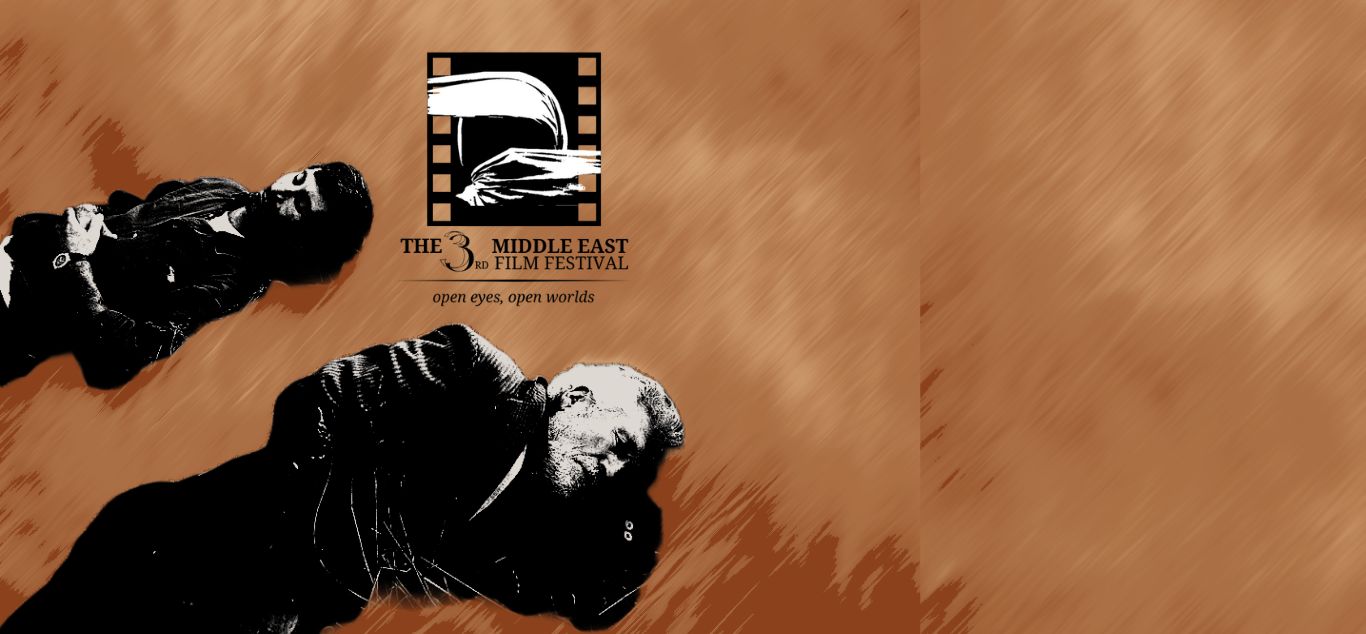 Two black and white figures lay horizontally across the left side of an orange, surreal background.