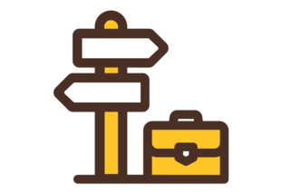 A yellow and brown icon of travel road signs and a suitcase.