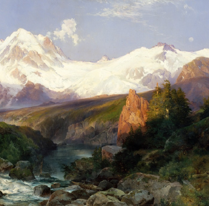 Thomas Moran, paiting titled The Teton Range, 1897, from the Metropolitan Museum of Art, depcits a snow covered mountain range