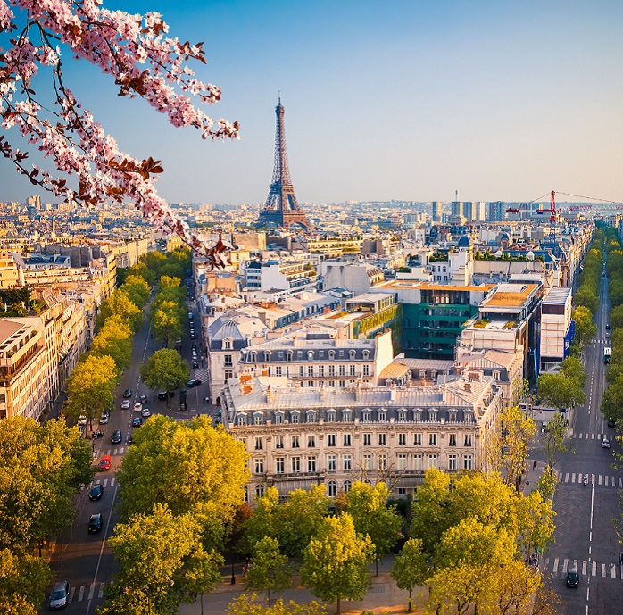 The Parisian skyline including the Effiel Tower in the background with other buildings in the foreground.