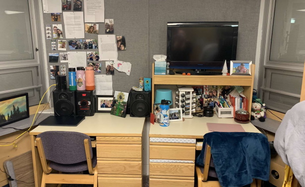 Bedroom and desk area of residence hall