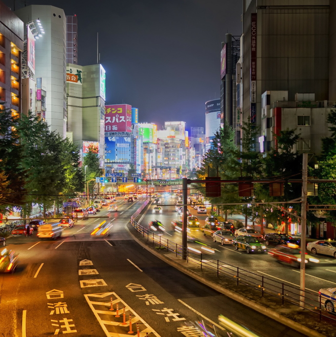 Street scene at night in Tokyo, Japan