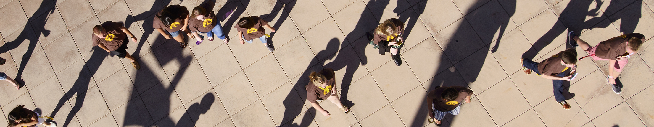 Overview of walkers on a campus sidewalk
