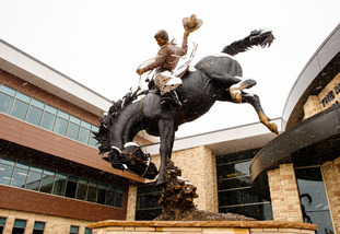 Statue of Bucking Horse in Snow
