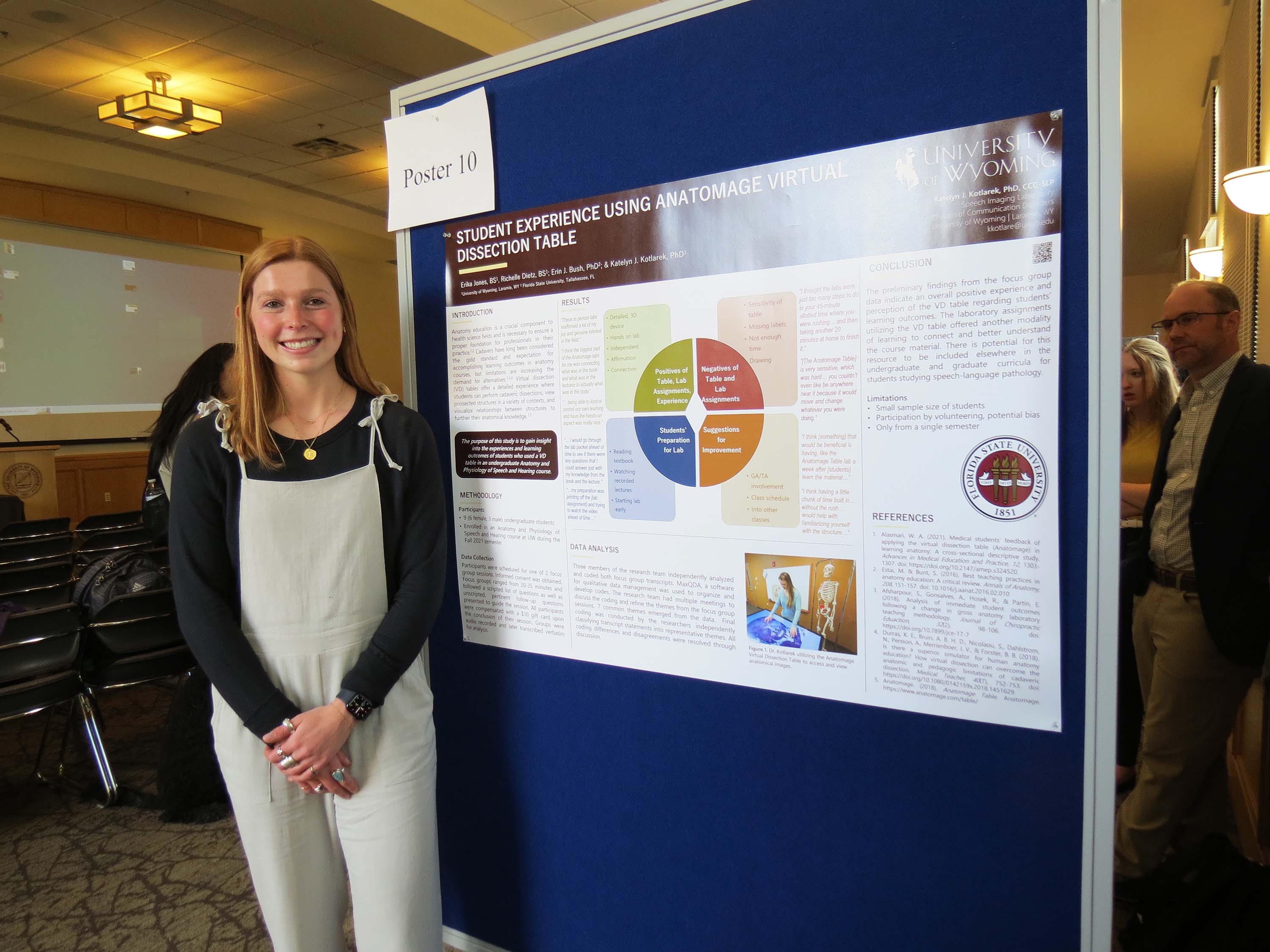 Female student standing in front of a research poster. 