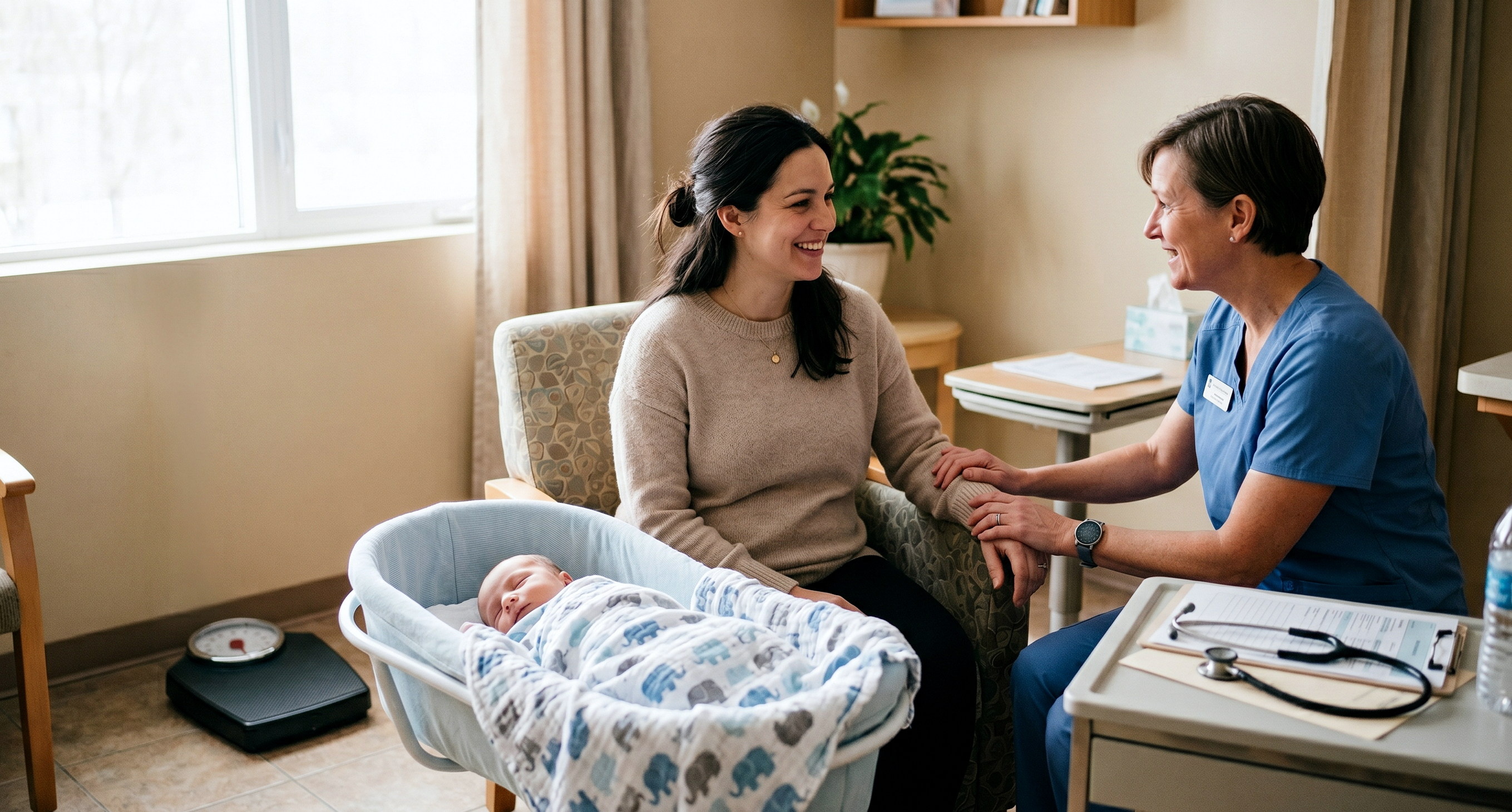 Clinician providing care to mom and baby