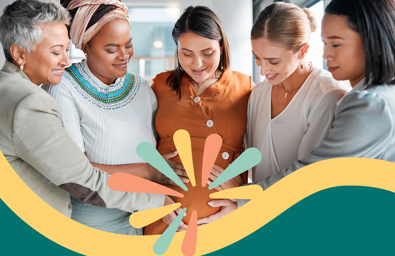 A group of women surrounding a pregnant woman and putting their hands on her belly. 