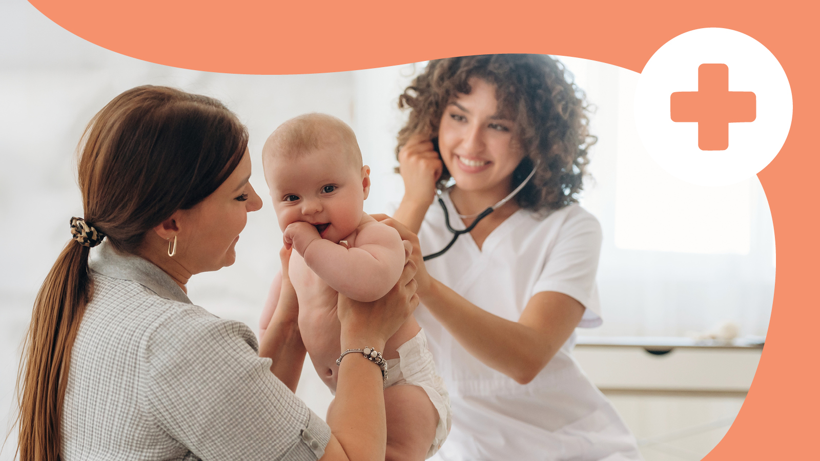 A mom holding her baby, talking with a doctor at a clinic as the doctor goes over notes.