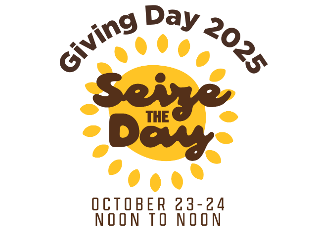 Giving Day 2025 sun logo with Seize the Day written on top of the sun. Dates: October 23 and 24 noon to noon