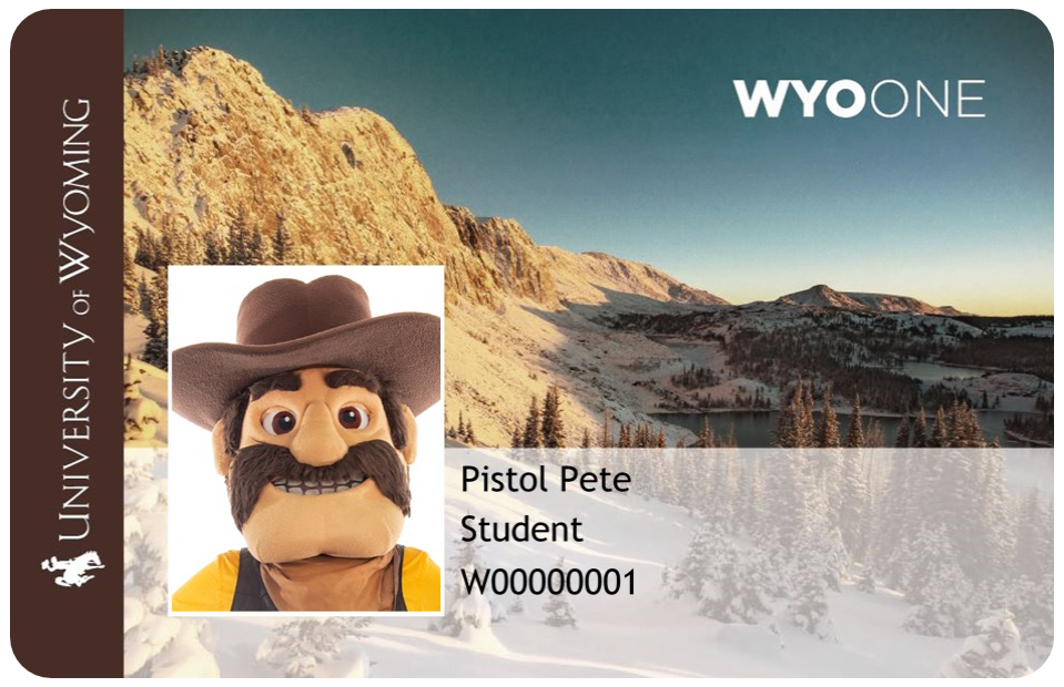WyoOne ID card photo of a card with mountains in the background and a portrait of Pistol Pete