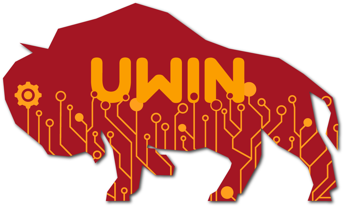 decorative outline of a red buffalo and circuit board on the animal