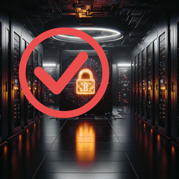 image of a dark server room with a glowing gold padlock in the center