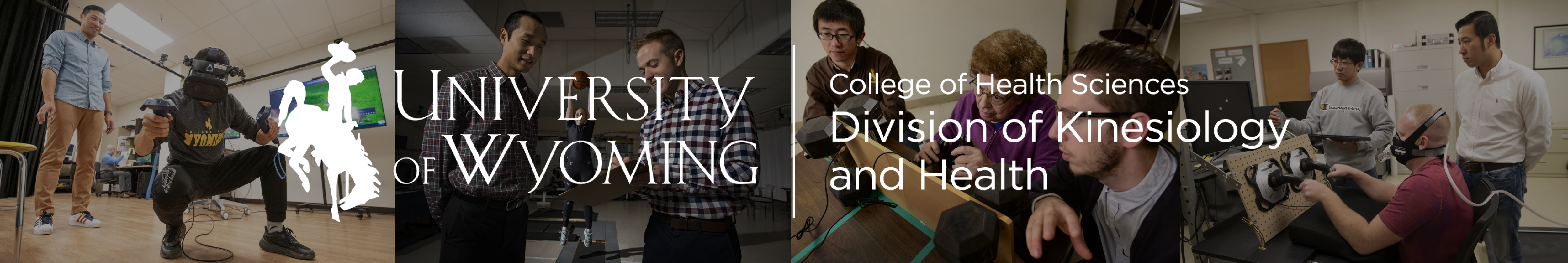 Four images showing different research projects with the Division of Kinesiology and Health Logo.