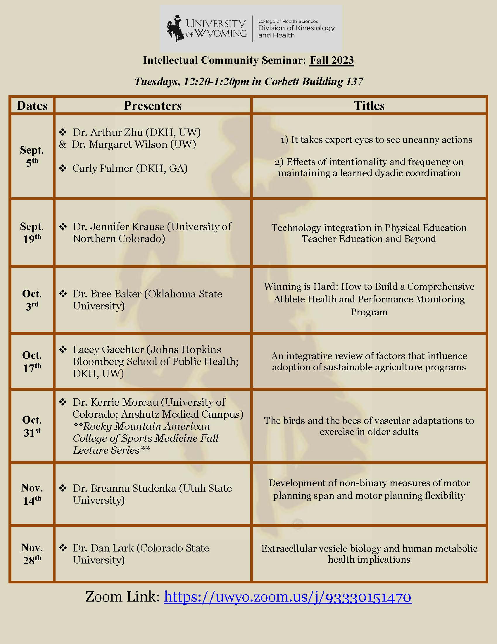 List of seminars in the Division of Kinesiology and Health.