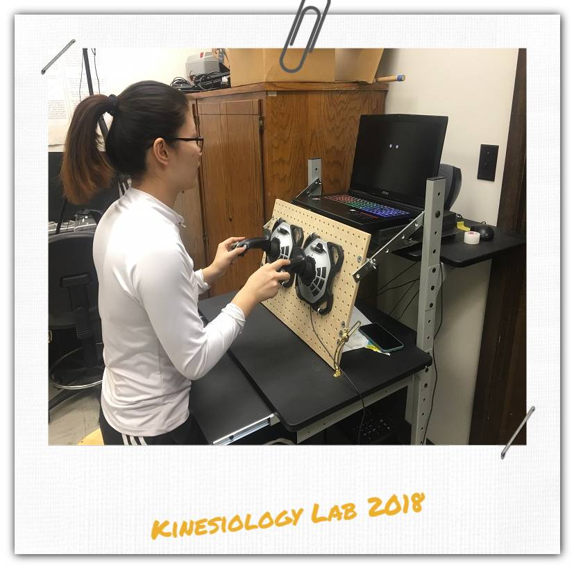 A woman moves two joysticks attached to a board and looks at a computer screen.