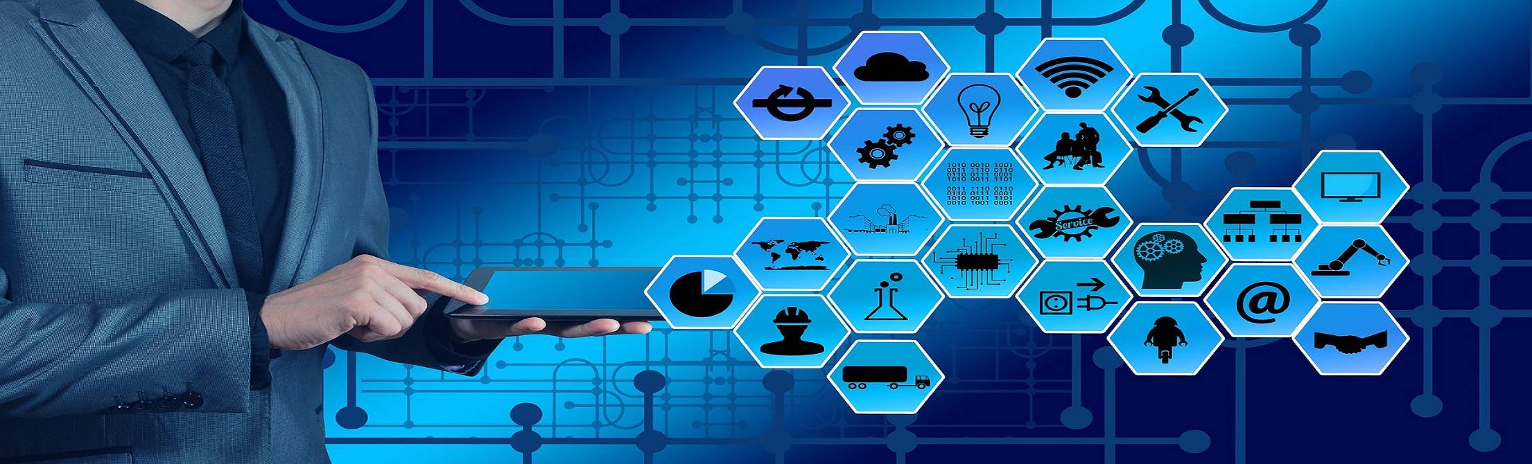 A graphic of various research icons inside of hexagons.