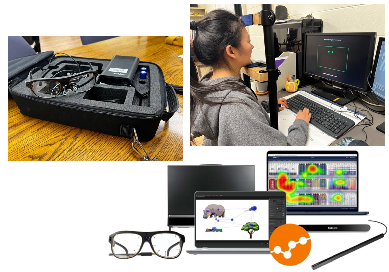 Eye tracking glasses in a case, a program running on a computer, and a graphic.