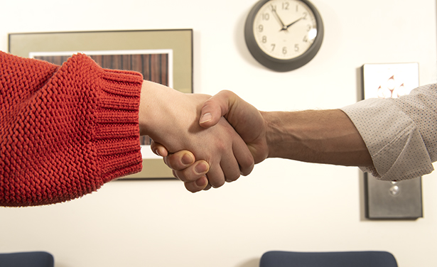 Two people shaking hands.