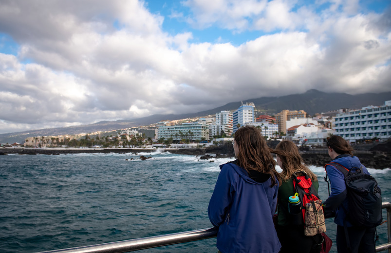 Three students stand at a railing looking out at the ocean and a city on the coast.