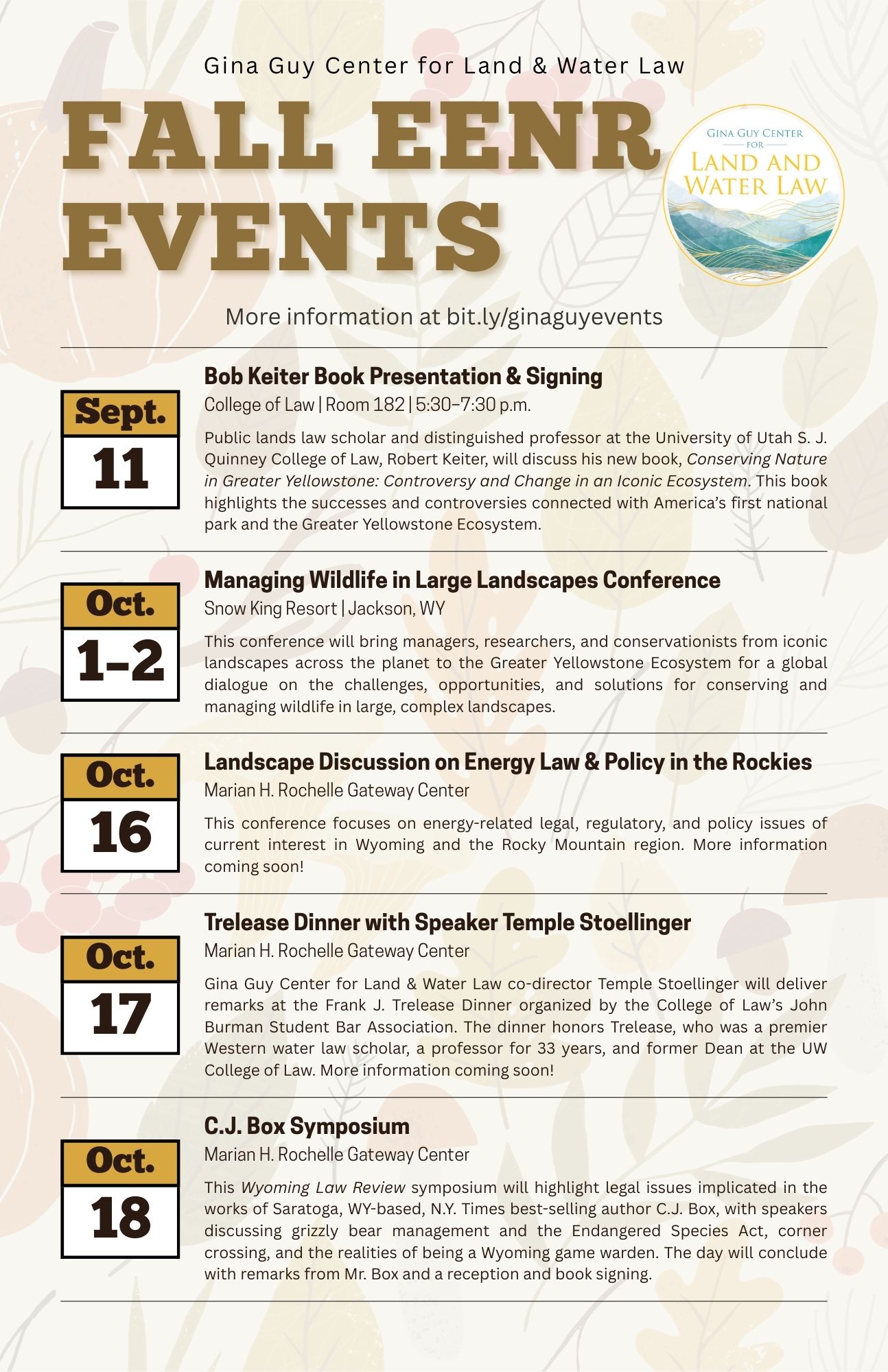 Fall events poster for the Gina Guy Center for Land & Water