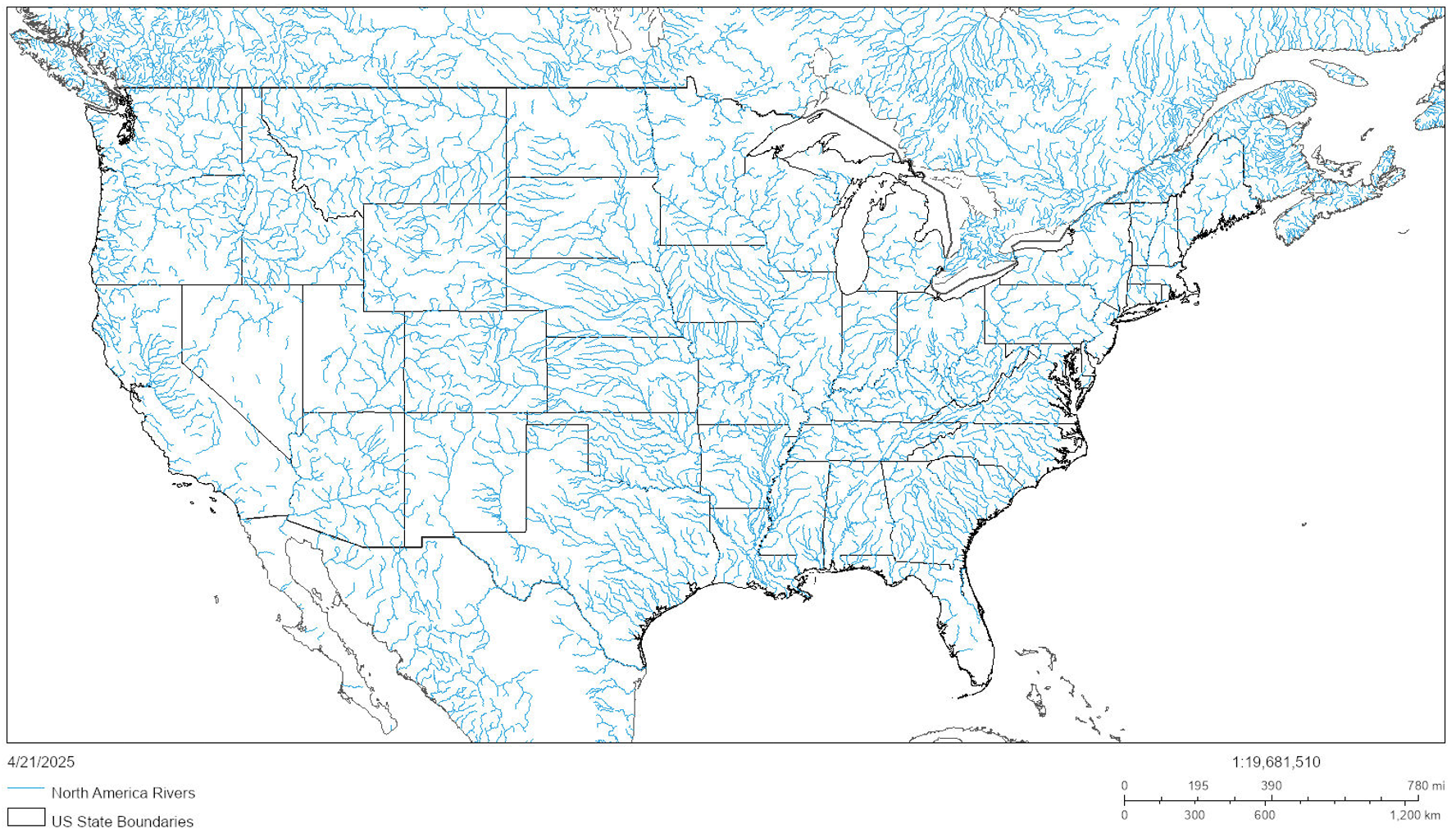 Map of North America rivers