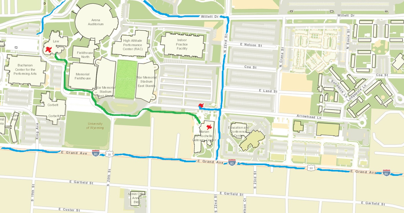 Map from the College of Law to the Gateway Center