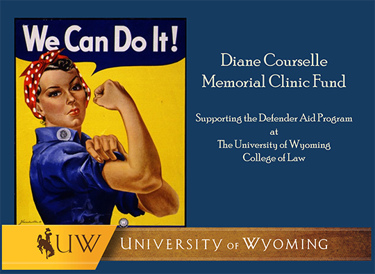 Picture of Rosie the Riveter that says donate to the Diane Courselle Memorial CLinic Fund