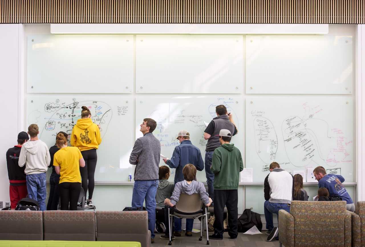 students at board in classroom