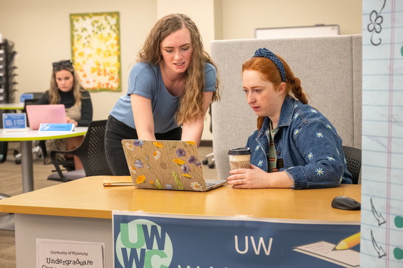 a student and writing center consultant look at a laptop while another consultant works remotely in the background at the University of Wyoming Writing Center