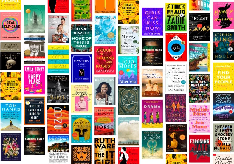 A variety of book covers from the Libby app arranged in rows.