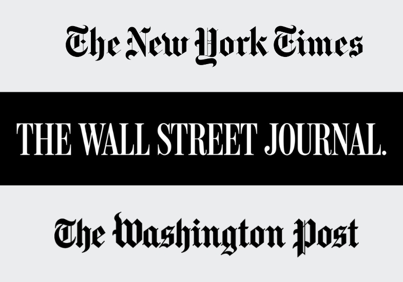 The New York Times, the Wall Street Journal and the Washington Post logos.