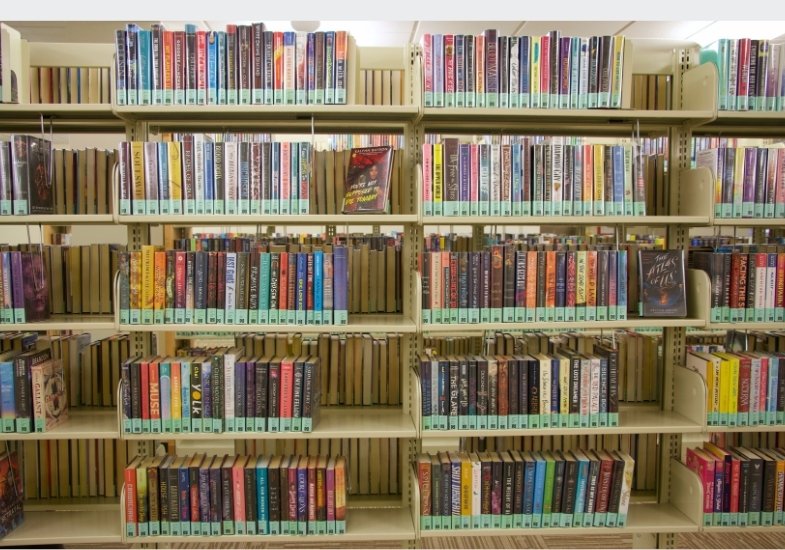 A shelf of popular reading books in Coe library.