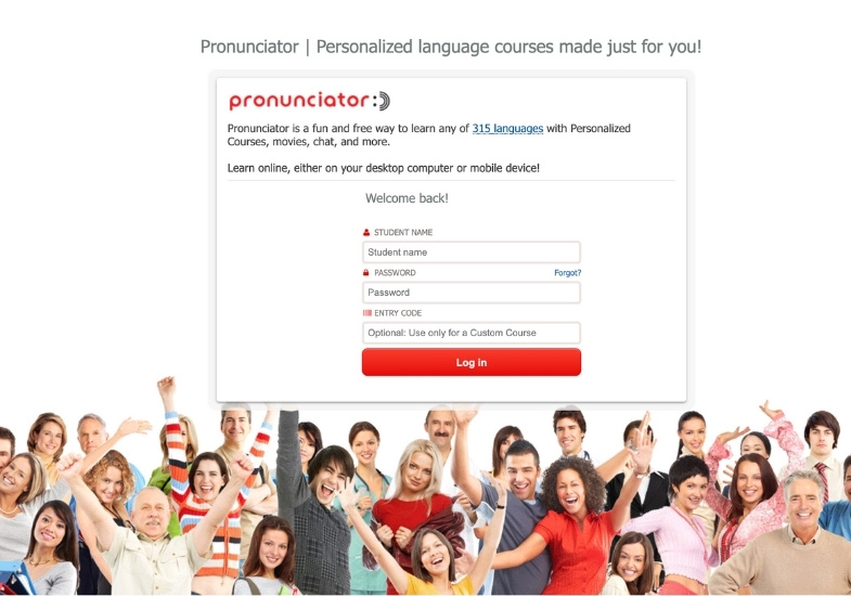 The Pronunciator Languages login page.