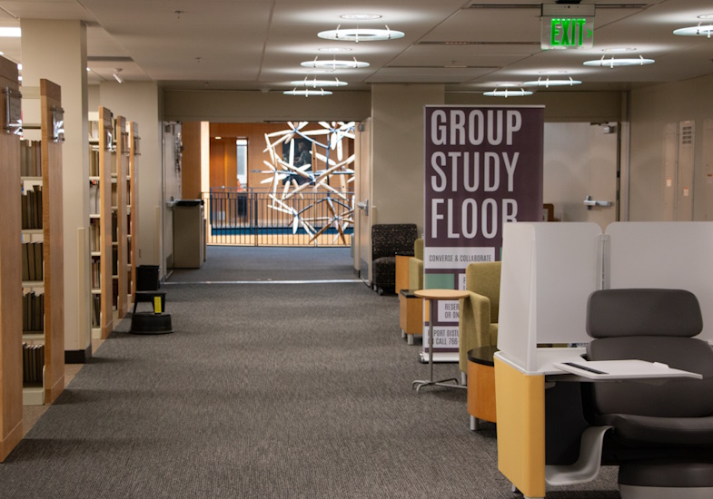 5th floor of Coe Library featuring stacks and 'Group Study floor' sign