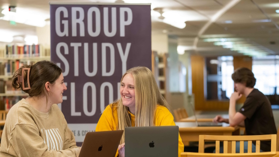 students sitting at a table chatting at a group study space in Coe Library