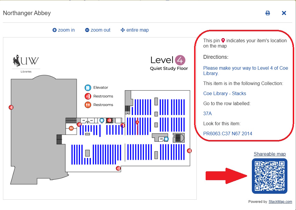 map of Level 4 of Coe Library showing the location of Northanger Abbey