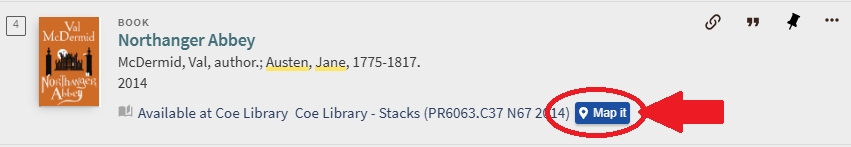 screenshot of QuickSearch using the book 'Northern Abbey' with an arrow pointing to the Map It icon