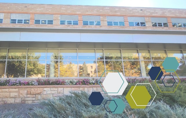 exterior view of 1950s side of Coe Library with decorative shapes overlayed