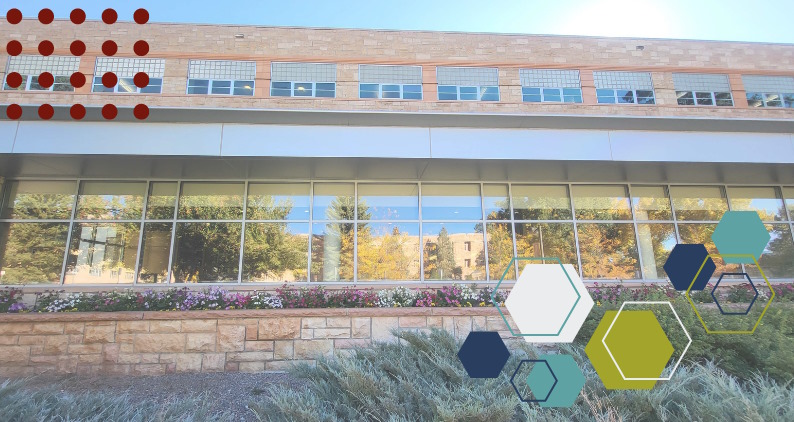 exterior view of 1950s side of Coe Library with decorative shapes overlayed