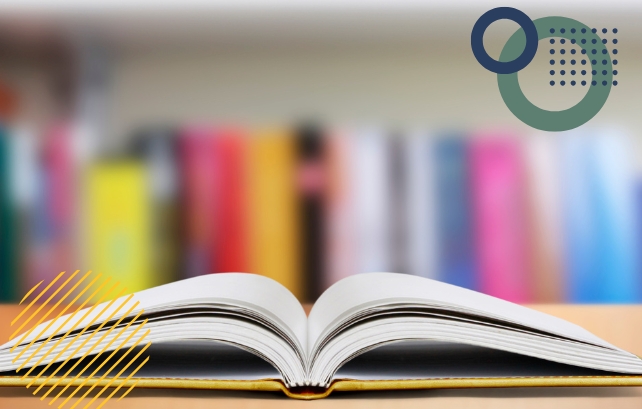 An open book in front of a shelf of books with decorative images overlaid.