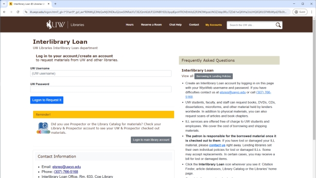 screenshot of the Interlibrary Loan website