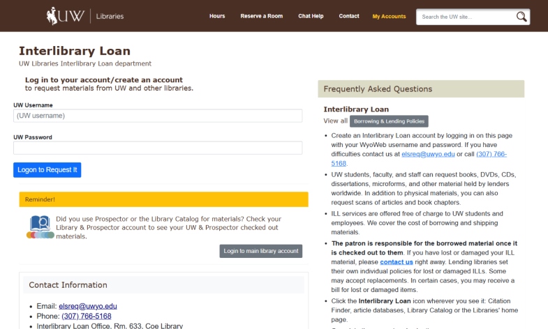 The Interlibrary Loan log in screen.