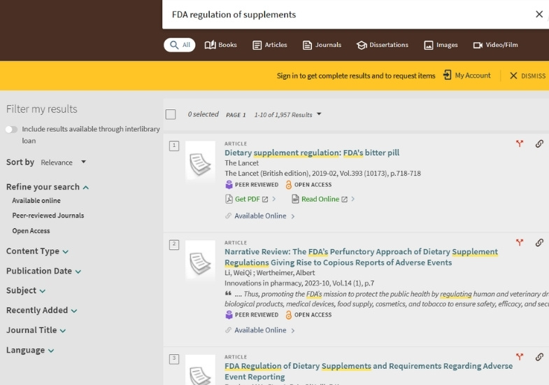screenshot of QuickSearch using filters for a topic