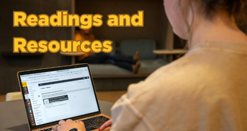 student looking at WyoCourses on a laptop in Coe Library. Text that reads: Reading and Resources