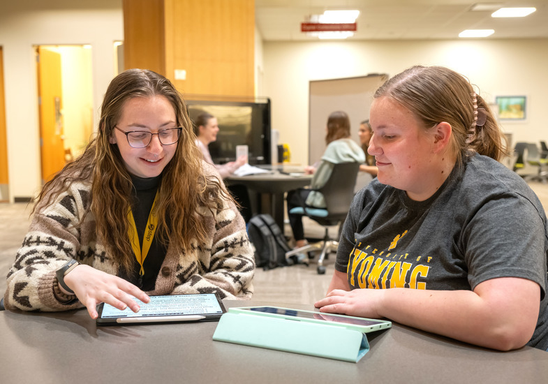 Two students working at a table.