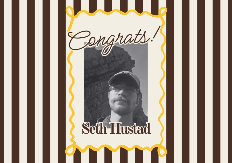 decorative image with brown and gold design, a photo of Seth at Red Rocks. Text that reads: Congrats Alesha Mobley