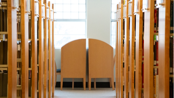 Carrel at end of bookshelves in Coe library.