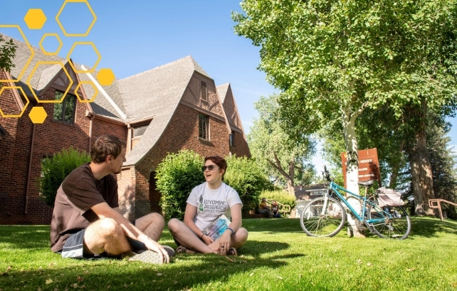 Students sitting in the grass with a bike leaning on a tree in the background at the University of Wyoming.