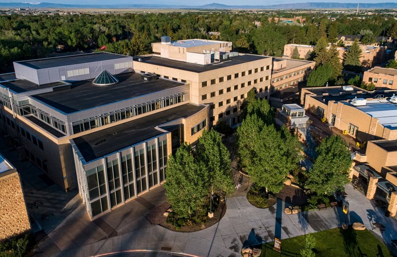 An aerial photo of Coe Library. 